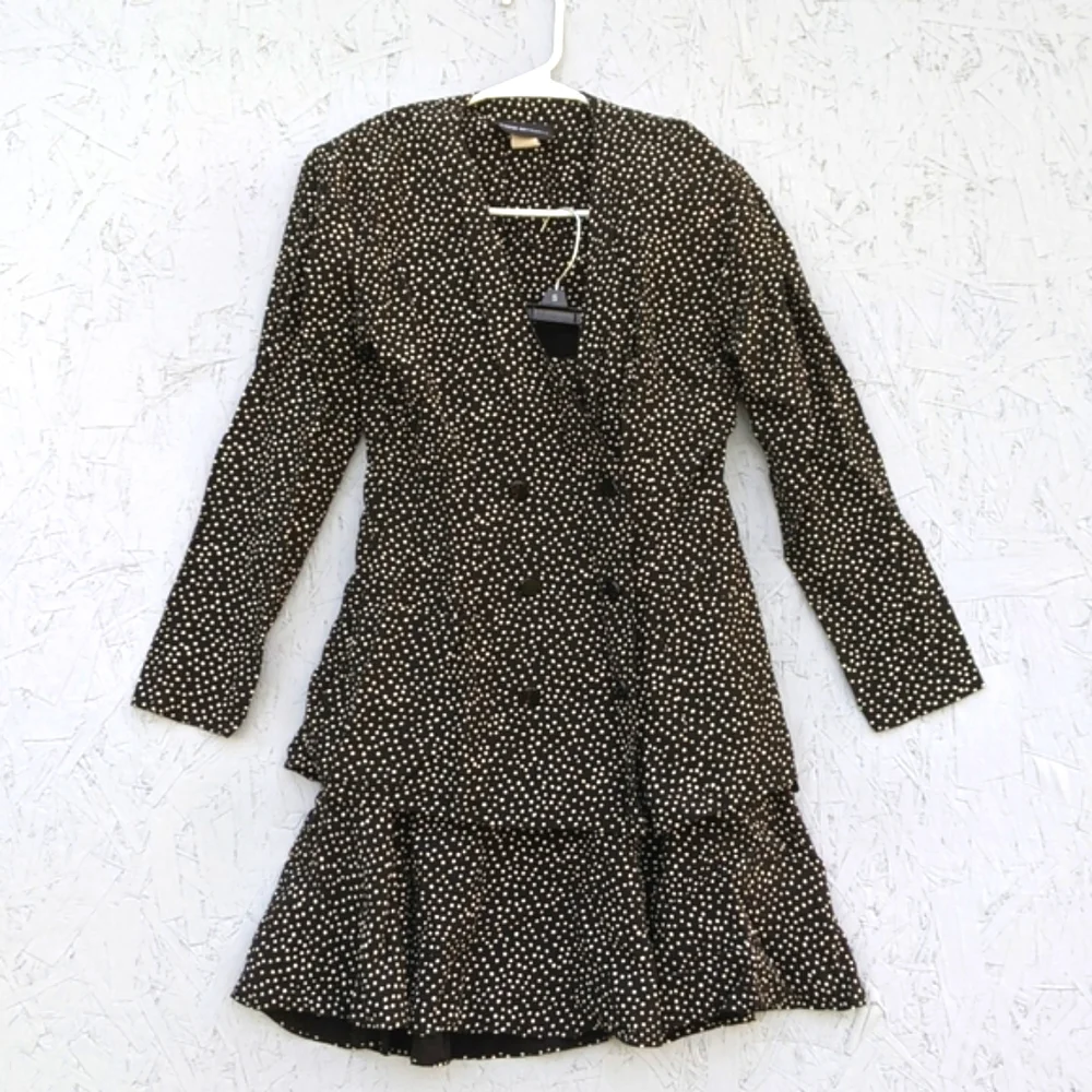 Vintage David Mitchell Black Polkadot Ruffle Skirt Blazer Suit Set Vtg 5/6 Med - Picture 2 of 16